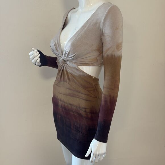 Planet Blue Multicolor Brown Ombre Tie-Dye Long Sleeve Mini Dress w Side Cutouts - Picture 4 of 8